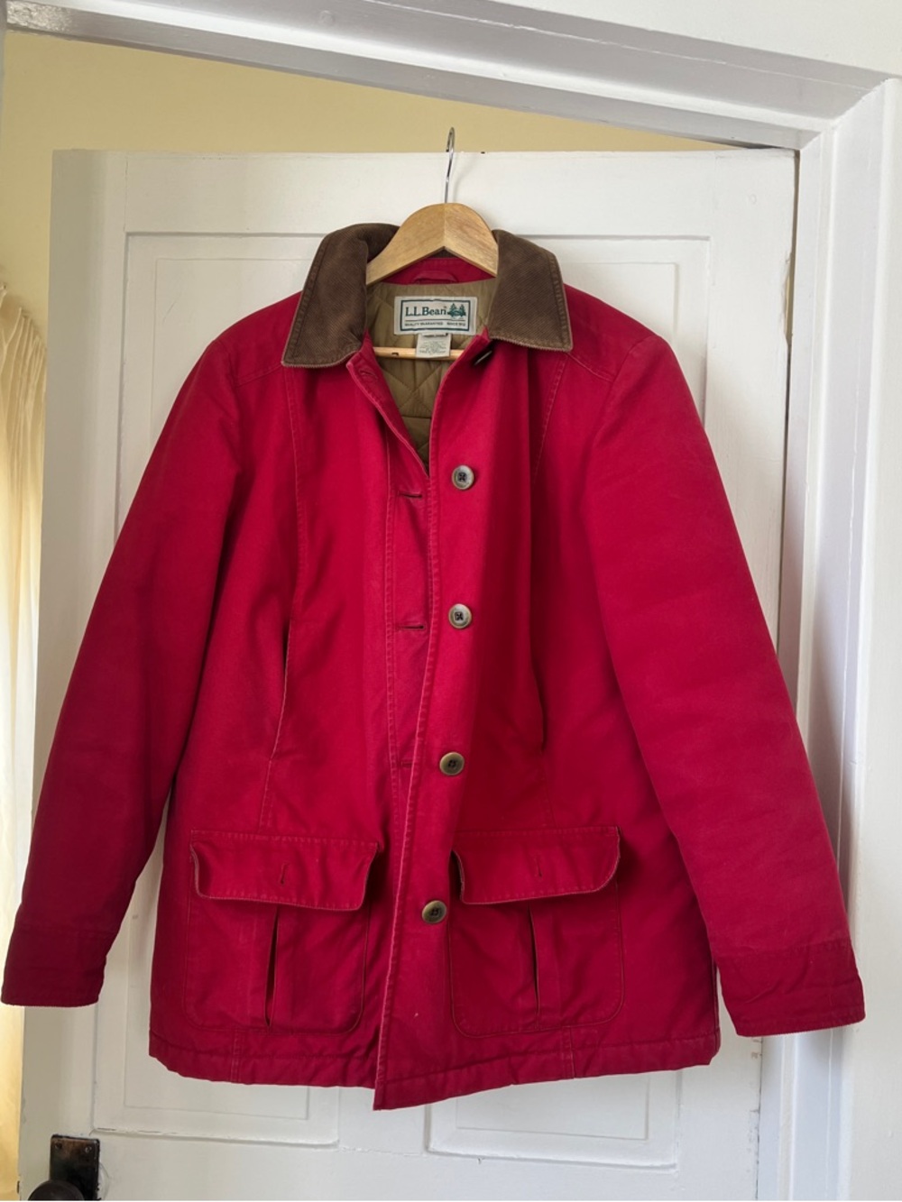 L.L. Bean Pink-Red Quilted-Lined Canvas Coat with Corduroy Collar